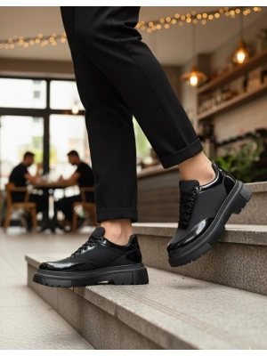 BA0243 Bağcıklı Rugan Paraşüt Detaylı Yüksek Siyah Taban Erkek Ayakkabı