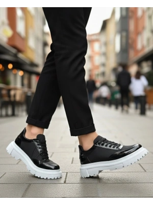 BA0243 Bağcıklı Rugan Paraşüt Detaylı Yüksek Taban Siyah Erkek Ayakkabı