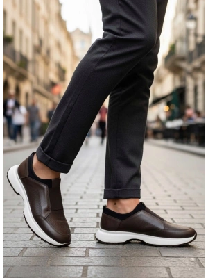 BA0244 İçi Dışı Hakiki Deri Bantlı Rahat Taban Casual Kahverengi Erkek Ayakkabı
