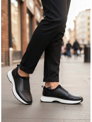 BA0244 İçi Dışı Hakiki Deri Bantlı Rahat Taban Casual Siyah Erkek Ayakkabı