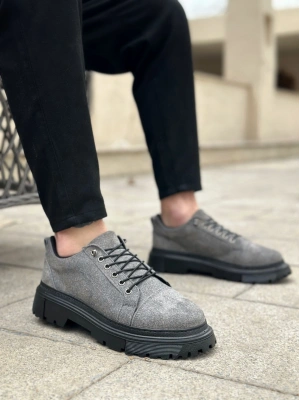 BA0245 Gri Süet Akıllı Lastik Bağcık Yüksek Taban Günlük Erkek Ayakkabı