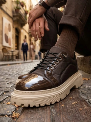 BA0245 Kahverengi Rugan Paraşüt Detaylı Akıllı Lastik Bağcık Yüksek Bej Taban Günlük Erkek Ayakkabı