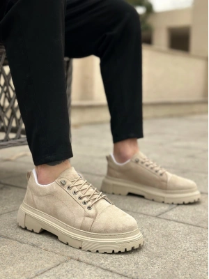 BA0245 Krem Süet Akıllı Lastik Bağcık Yüksek Taban Günlük Erkek Ayakkabı