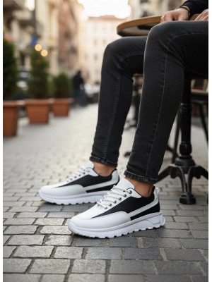 BA0246 Beyaz Siyah Parçalı Bağcıklı Yüksek Taban Günlük Erkek Ayakkabı