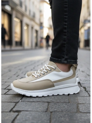 BA0246 Krem Bağcıklı Yüksek Beyaz Taban Günlük Erkek Ayakkabı