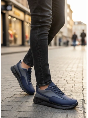 BA0246 Lacivert Gri Parçalı Bağcıklı Yüksek Taban Günlük Erkek Ayakkabı
