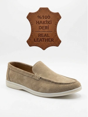 BA0252 %100 İçi Dışı Hakiki Deri Erkek Krem Süet Casual Loafer Termo Taban Ayakkabı
