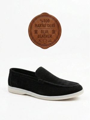 BA0252 %100 İçi Dışı Hakiki Deri Erkek Siyah Süet Casual Loafer Termo Taban Ayakkabı