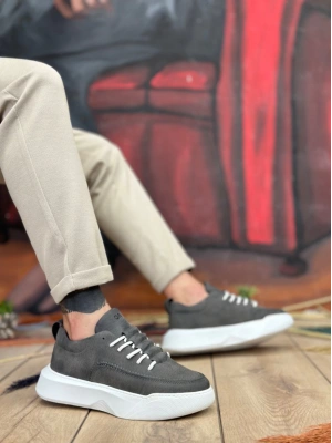 Ba0332 Merdiven Desen Bağcıklı Erkek Yüksek Taban Antrasit Cilt Erkek Spor Ayakkabı