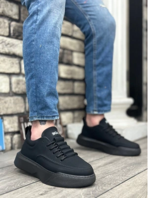 Ba0332 Merdiven Desen Bağcıklı Erkek Yüksek Taban Siyah Cilt Siyah Taban Erkek Spor Ayakkabı