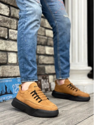 Ba0332 Merdiven Desen Bağcıklı Erkek Yüksek Taban Taba Süet Siyah Taban Erkek Spor Ayakkabı