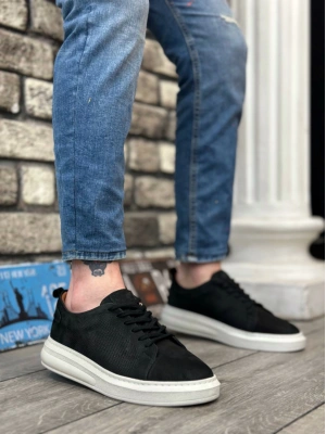 BA0336 İçi Dışı Hakiki Nubuk Deri Siyah Bağcıklı Casual Erkek Ayakkabı