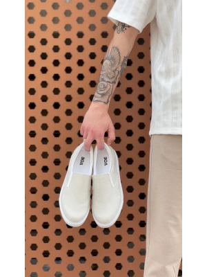 BA0339 Bağcıksız Keten Krem Beyaz Taban Günlük Erkek Ayakkabı