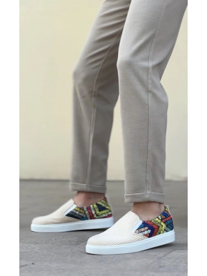 Ba0339 Bağcıksız Keten Krem Renkli Desenli Beyaz Taban Günlük Erkek Ayakkabı Erkek Günlük Ayakkabı