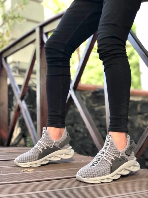 Ba0350 Yüksek Taban Tarz Sneakers Cırt Detaylı Gri Erkek Spor Ayakkabısı Erkek Sneaker Ayakkabı