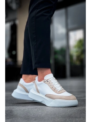 Ba0354 Günlük Bağcıklı Erkek Krem Parçalı Beyaz Yüksek Taban Erkek Spor Ayakkabı