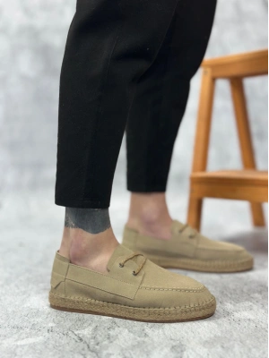 BA0358 BOA Doğal Deri Tozu Bağcıklı Kauçuk El Yapımı Espadril Taban Bej Renk Erkek Ayakkabı