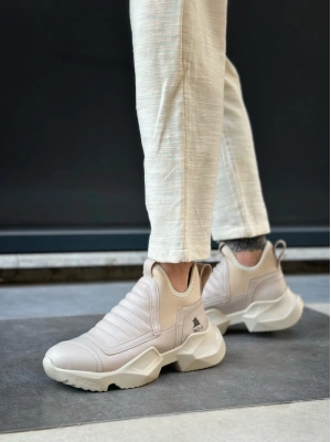 BA0401 Bağcıksız Rahat Yüksek Taban Krem Erkek Spor Yarım Bilek Bot