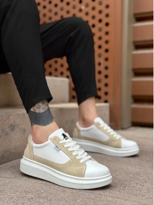 Ba0423 Boa Kalın Yüksek Taban Beyaz Krem Bağcıklı Spor Erkek Ayakkabı Erkek Günlük Ayakkabı