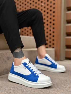 Ba0423 Boa Kalın Yüksek Taban Beyaz Mavi Bağcıklı Spor Erkek Ayakkabı Erkek Günlük Ayakkabı