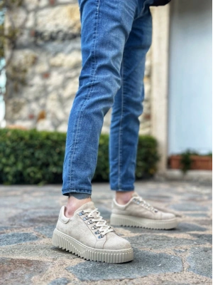 Ba0505 Çengel Bağcıklı Krem Renk Yüksek Tabanlı Erkek Günlük Ayakkabı