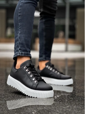 Ba0505 Çengel Bağcıklı Siyah Renk Beyaz Tabanlı Erkek Günlük Ayakkabı