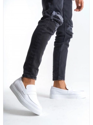 BA0580 Bağcıksız Kuşaklı Yüksek Taban Beyaz Cilt Erkek Ayakkabı