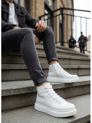 BA0713 Bağcıklı Beyaz Yüksek Taban Erkek Tarz Spor Bot