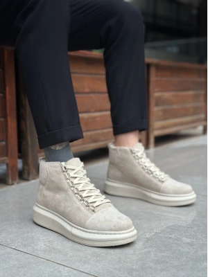 BA0713 Bağcıklı Süet Bej Yüksek Taban Erkek Tarz Spor Bot