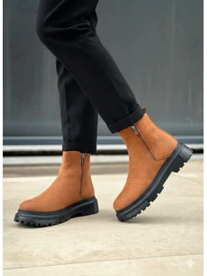 BA0777 Süet Taba Siyah Taban Çift Fermuarlı Erkek Yarım Bilek Bot