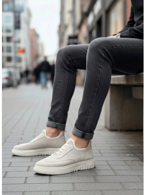 BA0911 Özel Örme Triko Deri Tozu Detaylı Bej Günlük Spor Ayakkabı