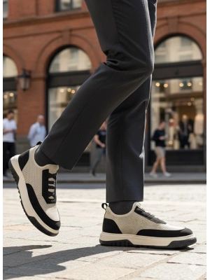 BA0911 Özel Örme Triko Deri Tozu Detaylı Bej Siyah Günlük Spor Ayakkabı