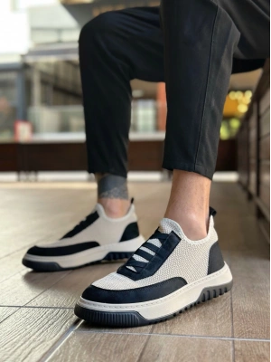 BA0911 Özel Örme Triko Deri Tozu Detaylı Bej Siyah Günlük Spor Ayakkabı