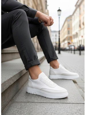 BA0911 Özel Örme Triko Deri Tozu Detaylı Beyaz Günlük Spor Ayakkabı