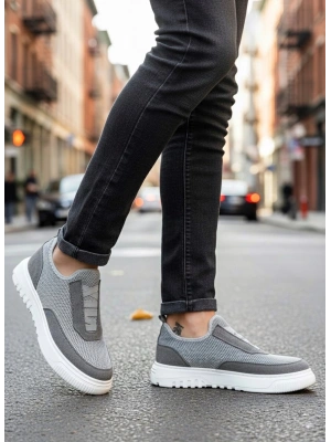 BA0911 Özel Örme Triko Deri Tozu Detaylı Gri Günlük Spor Ayakkabı