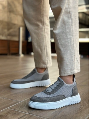 Ba0911 Özel Örme Triko Deri Tozu Detaylı Gri Günlük Spor Ayakkabı Erkek Günlük Ayakkabı