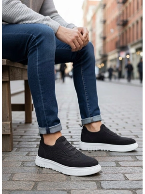 BA0911 Özel Örme Triko Deri Tozu Detaylı Siyah Günlük Spor Ayakkabı