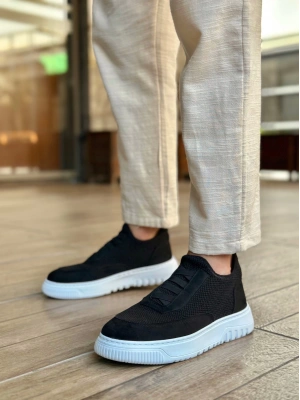 Ba0911 Özel Örme Triko Deri Tozu Detaylı Siyah Günlük Spor Ayakkabı Erkek Günlük Ayakkabı