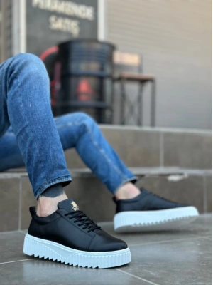 Ba8104 Boa Yüksek Taban Siyah Cilt Bağcıklı Erkek Ayakkabı Erkek Günlük Ayakkabı