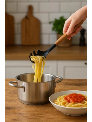 Bambu Saplı Silikon Spagetti Makarna Servis Kaşığı Siyah