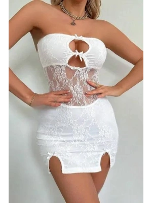 Beyaz Dantel İşlemeli Göğüs Dekolteli Seksi 5081