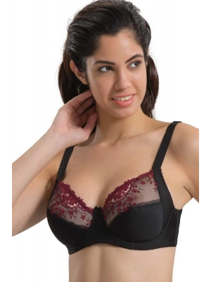 BORDO SİYAH MI Emay 136 C Balenli Toparlayıcı Dantelli Sütyen