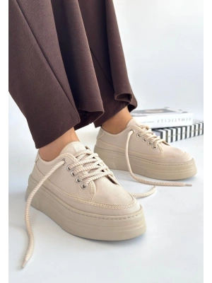 Carin Bej Keten Bağcıklı Kadın Spor Ayakkabı