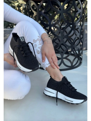 Cilla Siyah Triko Boncuk İşlemeli Kadın Spor Ayakkabı