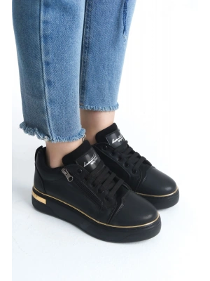 DINA Bağcıklı Fermuarlı Ortopedik Taban Kadın Sneaker Spor Ayakkabı  CST - Siyah/Altın