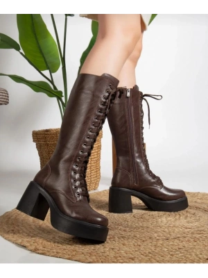 Guay Kahverengi Cilt Bağcıklı Topuklu Çizme