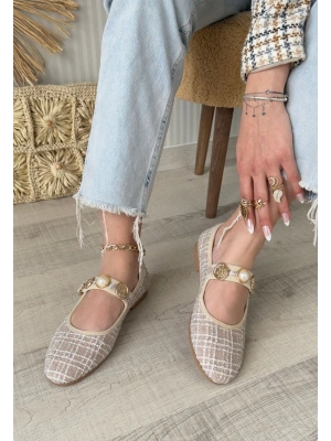 Hante Bej Keten Taşlı Ayakkabı Kadın Babet