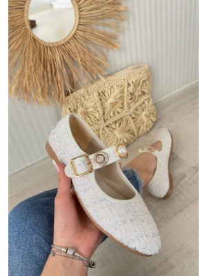 Hante Beyaz Keten Taşlı Ayakkabı Kadın Babet