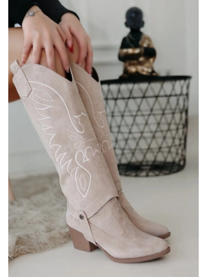 Jilla Bej Süet Tak Çıkar Topuklu Bot Ve Kadın Çizme