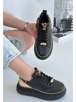 Jista Siyah Cilt Sarı Detaylı Bağcıklı Kadın Spor Ayakkabı